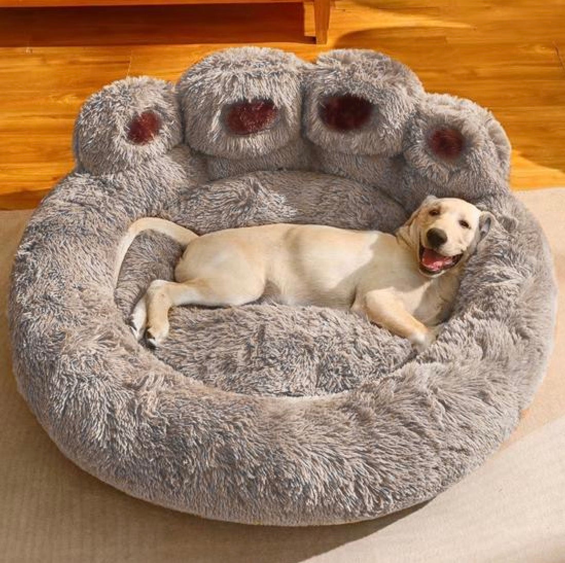 Een golden retriever rust in een grijze orthopedische hondenmand van Unopets in een woonkamer op een beige tapijt.