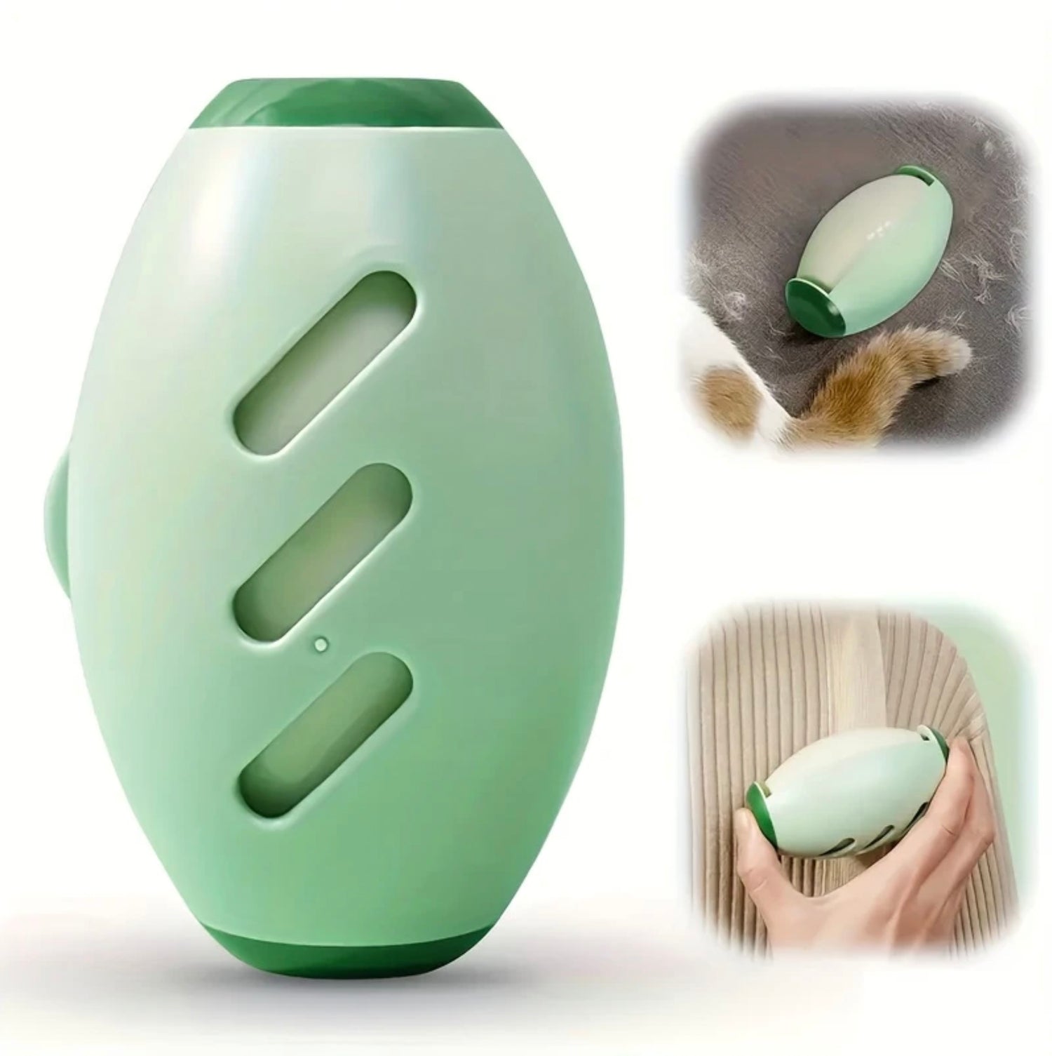 Een groene lint roller van Unopets op een witte achtergrond voor het verwijderen van haren van huisdieren op tapijten, meubels en kleding