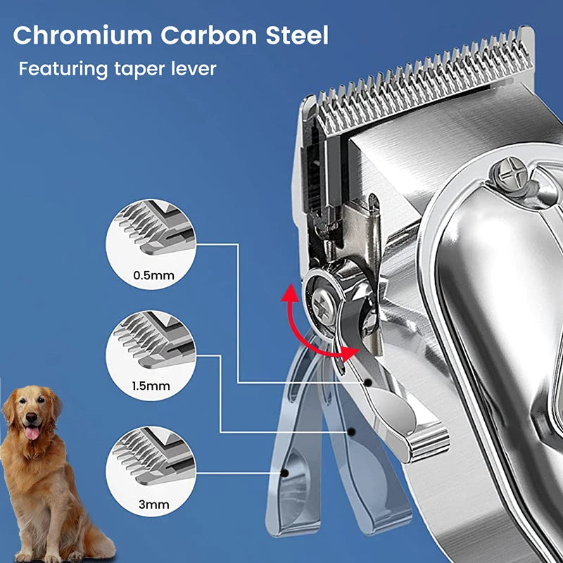 Professionele hondentondeuse met krachtige motor (6500rpm), verstelbare snijlengte (0,5-3 mm), geruisarme werking en lange batterijduur (180 minuten). Duurzaam ontwerp van koolstofstaal en geschikt voor verschillende vachtsoorten, voor een comfortabele en efficiënte trimbeurt voor je hond.