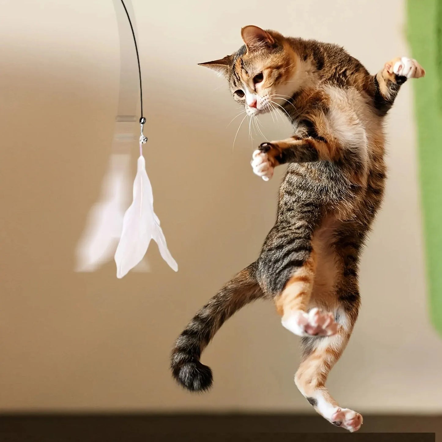 Een kat springt energiek terwijl hij speelt met het Betoverende Speelhengel veerspeelgoed, en toont zijn speelse aard en opwinding.