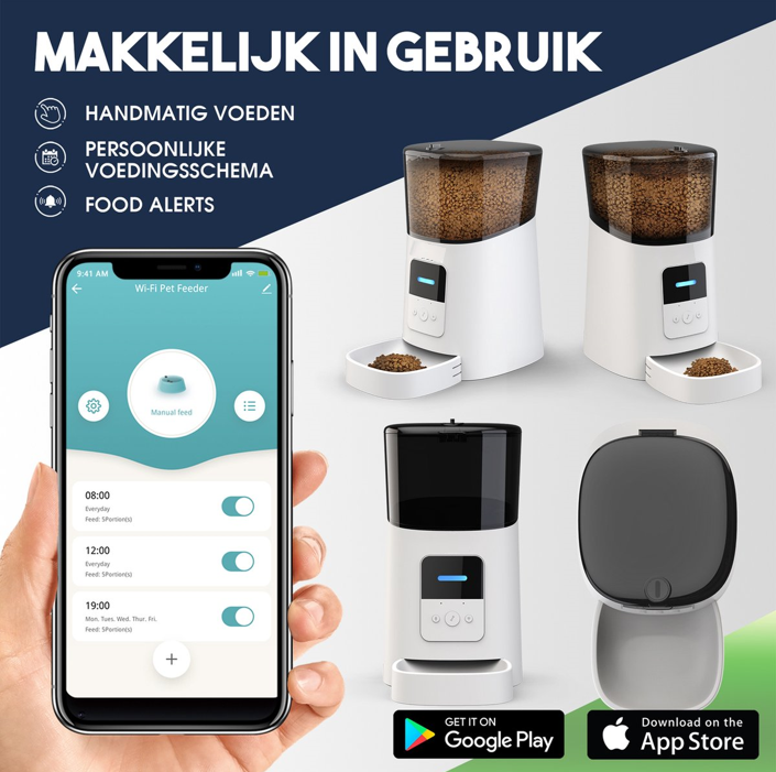 Slimme automatische voerbak voor katten en honden met 6 liter capaciteit. Ideaal voor drukke gezinnen met instelbare 15 maaltijden per dag. Bevat spraakopnamefunctie voor persoonlijke aanspraak. Gebruiksvriendelijke app voor het aanpassen van tot 50 porties per dag. Luchtdichte afsluiting voor vers voer, met noodbatterij voor voedselzekerheid. Smartfuncties werken op 2,4 GHz, geschikt voor droogvoer tot 15 mm. Afmetingen: 19,5x35,7x32,1 cm, gewicht: 2,1 kg. Geschikt voor alle huisdieren, inclusief kittens.